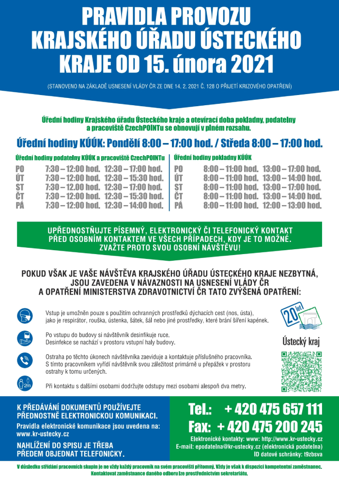 Pravidla provozu Krajského úřadu Ústeckého kraje od 15. února 2021